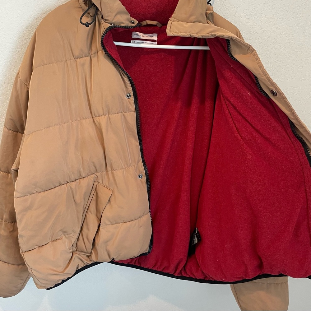 Urban Outfitters Tan Cropped Puffer Jacket Hidden Hood Quilted Coat Large - Picture 6 of 13